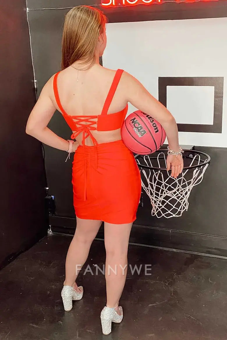 FannyWe Simple Orange Lace-Up Tight Mini Homecoming Dress formal wear dresses